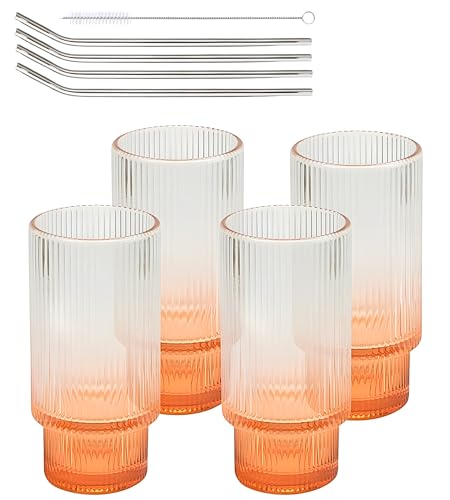 Smiths Mason Jars 4er-Pack gerippte 16-Unzen-Gläser mit Strohhalm, Glaswaren-Set – 285 ml Eiskaffeetassen, geriffelter Becher im Origami-Stil für Cocktails, Saft (Gelb) von Smiths Mason Jars