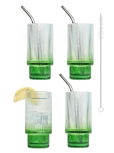 Smiths Mason Jars 4er Pack gerippte 16 Unzen Gläser mit Strohhalm, Glaswaren-Set – 285 ml Eiskaffeetassen, geriffelter Becher im Origami-Stil für Cocktails, Saft (grün) von Smiths Mason Jars