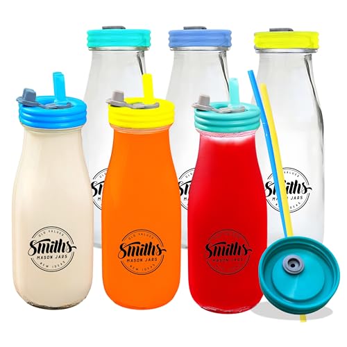 Smiths Mason Jars - 6er-Pack, 10oz/300ml Glasflaschen mit Deckel - Auslaufsichere, verschüttungssichere Milchflaschen aus Klarglas mit Deckel und wiederverwendbaren Strohhalmen - ideal für Milch, Saft Smiths Mason Jars - 6er-Pack, 10oz/300ml Glasflaschen mit Deckel - Auslaufsichere, verschüttungssichere Milchflaschen aus Klarglas mit Deckel und wiederverwendbaren Strohhalmen - ideal für Milch, Saft von Smiths Mason Jars