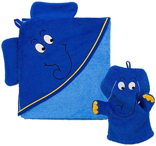 Smithy Handtuch Set 2-TLG. der Blaue Elefant | 100% Baumwolle Frottee | Baby Kapuzenhandtuch mit Waschlappen | Junge & Mädchen | Geschenk zur Geburt von Smithy by Dagmar Nelk