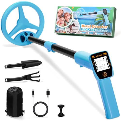 Metalldetektor Kinder, Smofrees Über USB Wiederaufladbarer Kleiner Kinder Metalldetektor, Verstellbarer 60-86cm Tragbarer Metalldetektor mit lustigem LCD-Display für die Erkundung im Freien, Blau von Smofrees