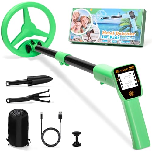 Metalldetektor Kinder, Smofrees Über USB Wiederaufladbarer Kleiner Kinder Metalldetektor, Verstellbarer 60-86cm Tragbarer Metalldetektor mit lustigem LCD-Display für die Erkundung im Freien, Grün von Smofrees
