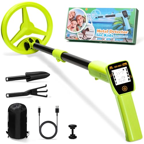 Metalldetektor Kinder, Smofrees Über USB Wiederaufladbarer Kleiner Kinder Metalldetektor, Verstellbarer 60-86cm Tragbarer metalldetektor mit lustigem LCD-Display für die Erkundung im Freien, Lichtgrün von Smofrees