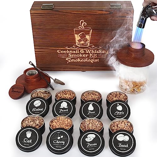 SMOKEOLOGIST Whiskey, Cocktail und altmodisches Räucherset mit Fackel – enthält 8 einzigartige natürliche Holzaromen, luxuriöse Holzbox, Geschenkverpackung, Premium-Butanbrenner (Butan-Kraftstoff von Smokeologist