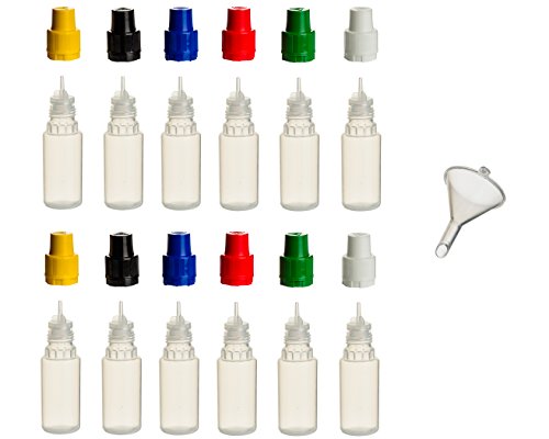 12 Stück 10 ml PP-Flaschen MIT FARBIGEN DECKELN + Füll-Trichter - Quetschflasche Leerflasche Kunststofflasche Plastikflasche Spritzflasche quetschbar zum befüllen und mischen auch Liquide von Smokerfuchs