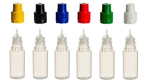 6 Stück 10 ml PP-Flaschen MIT FARBIGEN DECKELN + Füll-Trichter - Quetschflasche Leerflasche Kunststofflasche Plastikflasche Spritzflasche quetschbar zum befüllen und mischen auch Liquide von Smokerfuchs