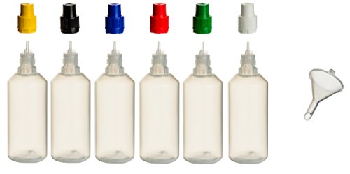 6 Stück 100 ml PP-Flaschen MIT FARBIGEN DECKELN + Füll-Trichter von Smokerfuchs