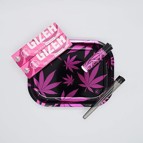 Pink Leaves Rolling Tray Set - Mischeschale Stoner Kit/Kiffer Box mit Clipper, Longpapers, Filter Tips und Joint Tube - perfektes Kiffergeschenk! von Smokerhontas