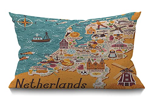 Dekorativer Kissenbezug mit Landkarte der Niederlande mit niederländischen Sehenswürdigkeiten Holland Essen Windmühle Blau Gelb Baumwolle Leinen Überwurf Lendenkissen Kissenbezug Home Office von Smooffly