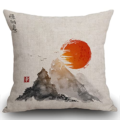 Smooffly Kissenbezüge 45 x 45 cm, Berge und rote Sonne, handgezeichnet mit Tinte in traditioneller japanischer Kissenhülle aus Baumwolle und Leinen, Kissenbezug für Sofa, Outdoor, Bett, Couchkissen von Smooffly