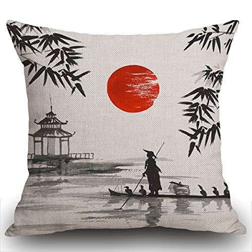 Smooffly Kissenbezug Japanischer traditioneller japanischer Malerei Mann mit Boot Wurfkissenbezug Heimdekoration für Männer/Frauen Wohnzimmer Schlafzimmer Sofa Stuhl 45 x 45 cm Kissenbezug 45 x 45 cm von Smooffly