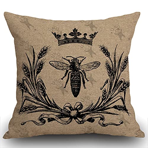 Smooffly Kissenbezug mit Bienen-Motiv, Vintage-Stil, Bienenkönigin, Retro, Krone, Blumenohren, Schleife, schwarz, dekorativ für Wohnzimmer, Sofa, Bett, 45 x 45 cm von Smooffly