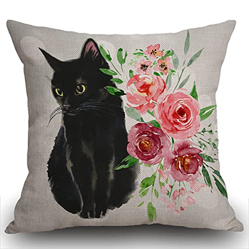 Smooffly Kissenbezug mit schwarzer Katze und Aquarell-Blume, dekorativ, Leinen, quadratisch, doppelseitiger Druck, für Zuhause, Büro, Sofa, Couch, Auto, Garten, 45 x 45 cm Smooffly Kissenbezug mit schwarzer Katze und Aquarell-Blume, dekorativ, Leinen, quadratisch, doppelseitiger Druck, für Zuhause, Büro, Sofa, Couch, Auto, Garten, 45 x 45 cm von Smooffly