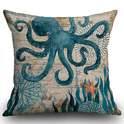 Smooffly Octopus Kissenbezug Baumwolle Leinen Kissenbezug Quadratischer Kissenbezug Zuhause Sofa Schlafzimmer Dekorative 45 x 45 cm Blau von Smooffly