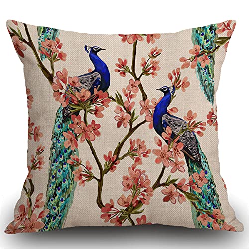 Smooffly Pfauen-Kissenbezüge, Pfau auf tropischen japanischen Blumen, Baumzweigen, Bauernhaus-Muster, Baumwollleinen, dekorative Kissenbezüge für Sofa, 45 x 45 cm von Smooffly