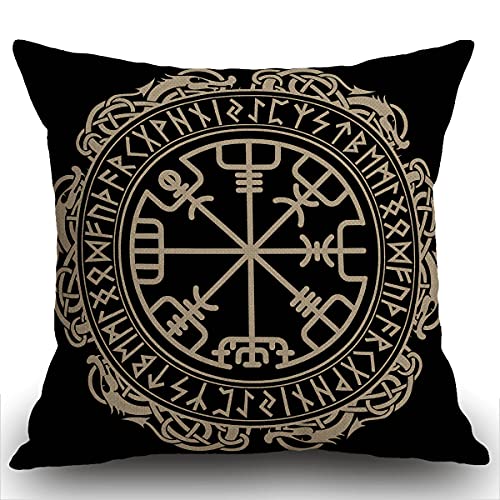 Smooffly Quadratischer dekorativer Kissenbezug, schwarz, keltisches Wikingerdesign, magischer Runenkompass, Vegvisir im Kreis nordischer Runen und Drachen, Baumwollleinen, 45.7 x 45.7 cm von Smooffly