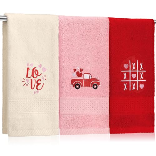 SmoothNovelty 3 Stück Valentinstag Handtücher für Badezimmer Liebe Herz bestickt Badezimmer Handtücher Valentinstag Bauernhaus 35 x 75 cm saugfähige weiche Baumwolle für Küche Geschirr schnell von SmoothNovelty