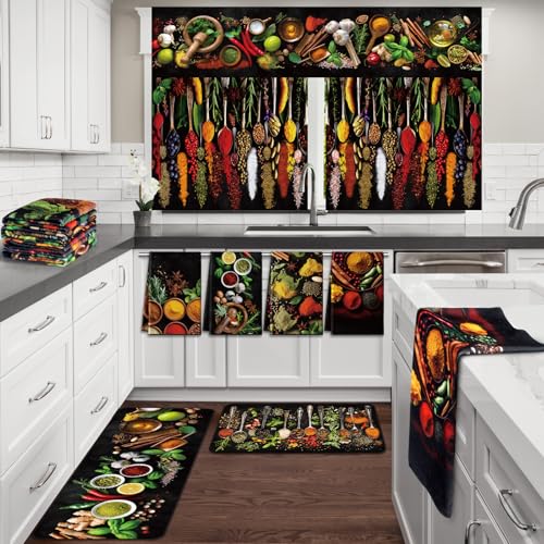 SmoothNovelty 9-teiliges Gewürz-Set für Küche, dekoratives Set, bunte Gewürze, Küchentuch-Set, Gewürze und Kräuter, Fenstervorhänge, Volant, künstlerische und bunte Küchenteppiche für Boden, SmoothNovelty 9-teiliges Gewürz-Set für Küche, dekoratives Set, bunte Gewürze, Küchentuch-Set, Gewürze und Kräuter, Fenstervorhänge, Volant, künstlerische und bunte Küchenteppiche für Boden, von SmoothNovelty