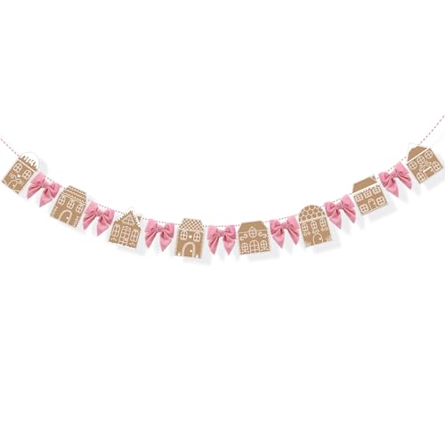 SmoothNovelty Lebkuchenhaus und rosa Schleife, Girlande, Lebkuchenhaus zum Aufhängen, vorbespanntes Papier, rosa Schleife, Banner für Zuhause, Weihnachten, Party, Urlaub, Wanddekoration, 2,5 m von SmoothNovelty