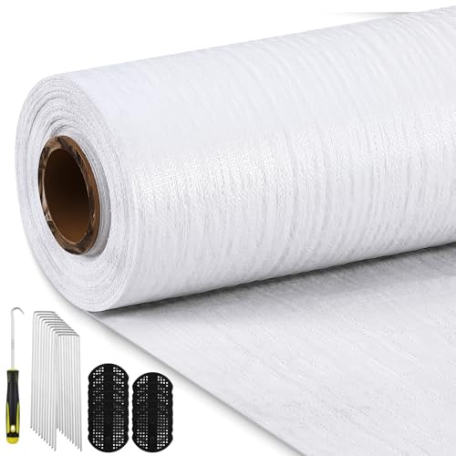 SmoothNovelty Unkrautbarriere, strapazierfähig, gewebt, UV-beständig, Bodenbedeckung mit 40 Dichtungen, 40 Gartenpfähle, Pick-Haken für Gartenarbeit, Landwirtschaft, 90,7 g, 1,8 x 91,4 m, Weiß von SmoothNovelty