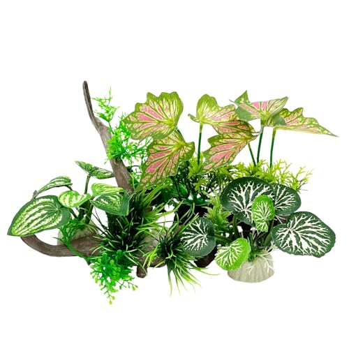 Smoothedo-Pets Aquarium-Dekoration für Aquarien, kleine Kunstpflanze aus Kunststoff, Treibholz, weiches Blatt (grün/weiß), mittelgroß von Smoothedo-Pets