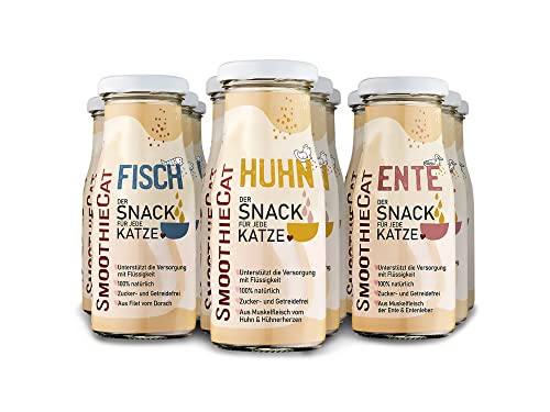 SmoothieCat Katzensmoothie 12er Mix - je 4X: Huhn, Ente, Fisch - Flüssignahrung für Katzen - Katzensuppe - Katzenmilch - Zucker- & glutenfrei - je 150ml von SmoothieCat