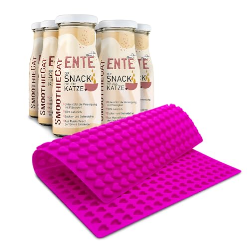 SmoothieCat 6er Ente mit Trixie Silikon Backmatte pink - Katzensmoothie 6 mal Ente, Backform Katzenkekse, backen mit Katzensmoothie, Bpa-frei von SmoothieCat