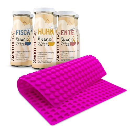 SmoothieCat Katzensmoothie 6er Mix + Trixie Backmatte Pink - je 2X: Huhn, Ente, Fisch - Flüssignahrung für Katzen - Katzenleckerli selber Machen -Zucker-, glutenfrei- Katzenkekse - je 150ml von SmoothieCat