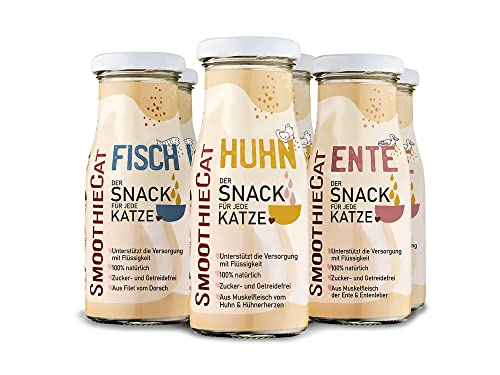 SmoothieCat Katzensmoothie 6er Mix - je 2X: Huhn, Ente, Fisch - Flüssignahrung für Katzen - Katzensuppe - Katzenmilch - Zucker- & glutenfrei - je 150ml von SmoothieCat