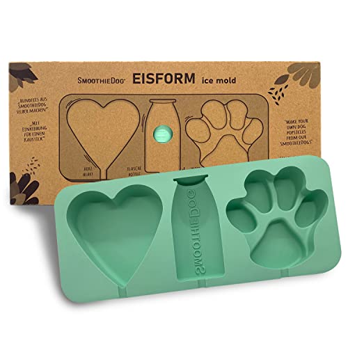 SmoothieDog Eisform für Hundeeis - 27,2x12,2x2,6cm - BPA-freie Hundeeis-Form aus 100% Silikon, mit drei Motiven, Herz-, Pfoten- und Flaschenform, von SmoothieDog