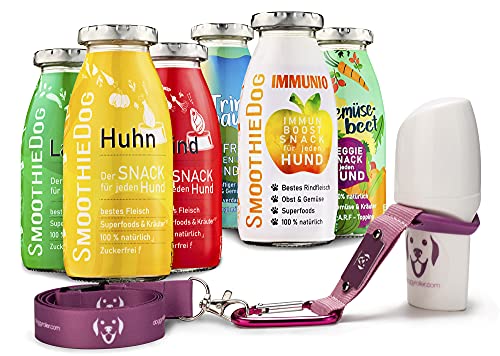 Doggyroller mit Silikonhalterung, Karabiner und Lanyard + 6er Probierset SmoothieDog Hundesmoothie 1xLamm-1xRind-1xHuhn-1xTrinkpause-1xImmunio-1xGemüsebeet je 250ml Hundesmoothie (Rosa) von SmoothieDog