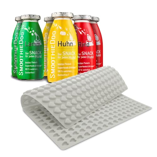 Hunde Smoothie SmoothieDog 6er Mix + Trixie Backmatte Grau - je 2X: Huhn, Rind, Lamm - Hundeleckerli selber Machen - Zucker- & glutenfrei - Hundekekse, BPA-Frei - je 250ml von SmoothieDog