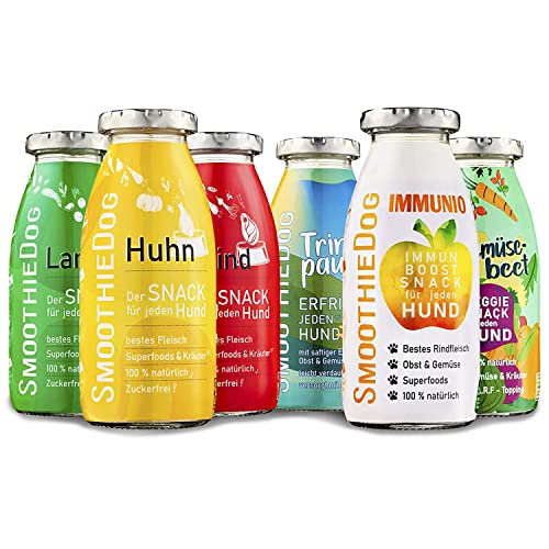 Hunde Smoothie SmoothieDog 6er Mix - je 1x: Huhn, Rind, Lamm, Trinkpause (Ente), Immunio (Rind), Gemüsebeet (vegetarisch) - Flüssiges Hundeleckerli - Zucker- & glutenfrei - je 250ml von SmoothieDog