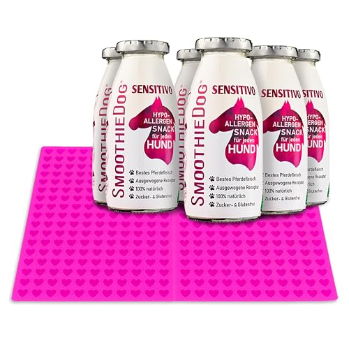 SmoothieDog 6er Sensitivo mit Trixie Silikon Backmatte pink - 6 mal Pferdesmoothie Hypoallergen, Backform Hundekekse, backen mit Hundesmoothie, Bpa-frei von SmoothieDog