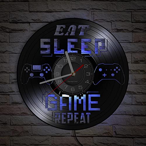 Smotly Vinyl-Wanduhr, Eat Sleep Game Themed Wanduhr mit LED-Nachtlichtfunktion ist eine Freizeit-dekorative Wanduhr Geschenk.(mit Licht) von Smotly