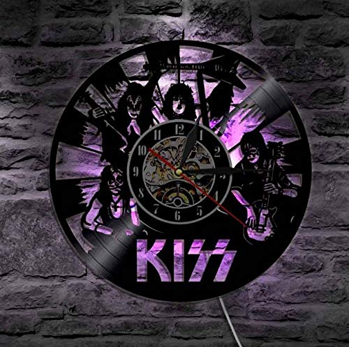 Smotly Vinyl Wanduhr, KISS Bandform Thema Rekord Wanduhr, handgemachte kreative Farbe Nachtlicht 7-Farben-Dekoration zu Hause Wanduhr Geschenk,with Light 9,E5 von Smotly