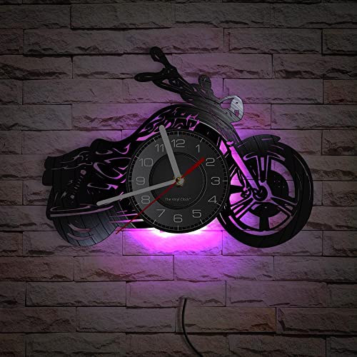 Smotly Vinyl-Wanduhr, Motorrad-Form, Wanduhr mit LED-Nachtlicht-Funktion, Wanduhr, Geschenk für Autoliebhaber, Heimdekoration (sieben Farben) von Smotly