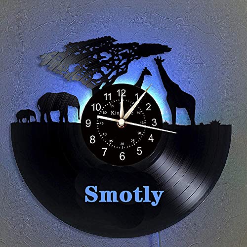 Smotly Vinyl-Wanduhr, Retro-Wanduhr des afrikanischen Elefantentierthemas, buntes Nachtlicht-Hauptdekorations-digitales Wanduhr-Geschenk. (Geschenkhaken) von Smotly