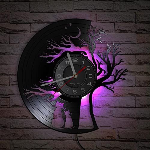 Smotly Vinyl-Wanduhr, großer Baum, Katzenpaar, Wanduhr mit LED-Nachtlichtfunktion, Wanduhr Geschenk für Retro-Heimdekoration. von Smotly