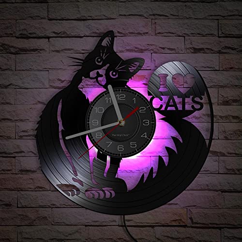 Smotly Vinyl-Wanduhr, niedliche Katzen-Themen-Wanduhr mit LED-Nachtlichtfunktion ist eine Wanduhr Geschenk für Haustierliebhaber.(Mit Licht) von Smotly