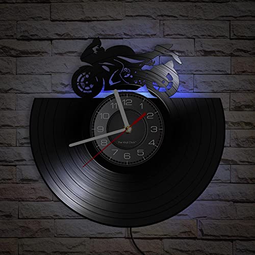 Smotly Vinyl Wanduhr Analog Uhr in Form von Rennmotorrad, mit LED Nachtlicht, Wanddekoration Wanduhr Geschenk von Smotly