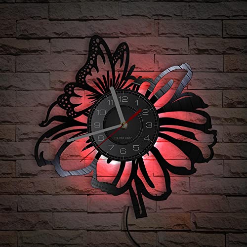 Smotly Vinyl-Wanduhr, Schmetterlings- und Blumenmuster, analoge Uhr, mit Fernbedienung, Nachtlicht, Wandverschönerung Wanduhr Geschenk. von Smotly