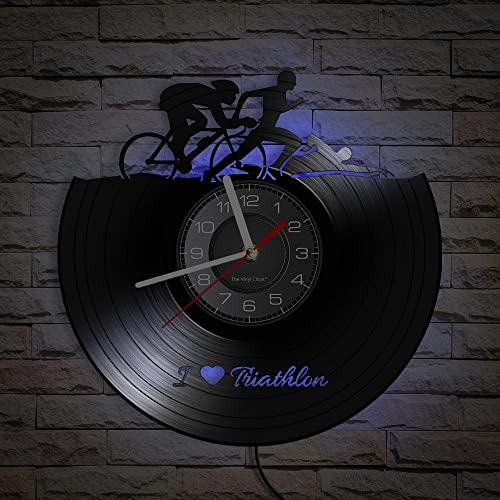 Smotly Vinyl Wanduhr Triathlon Form mit LED Nachtlicht, eine Wanduhr Geschenk für Sportliebhaber in Schwarz, 30 cm x 30 cm von Smotly