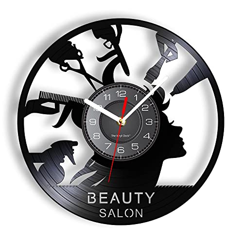 Smotly Vinyl-Wanduhr, LED-Nachtlicht, Friseursalon-Themen-Wanduhr, Geschenk für Friseursalon-Freunde. (Schwarz) von Smotly