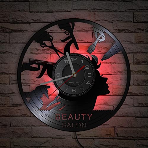 Smotly Vinyl-Wanduhr, LED-Nachtlicht mit Friseursalon-Thema, Wanduhr, ist eine Wanduhr Geschenk für Friseursalon-Freunde. (sieben Farben) von Smotly