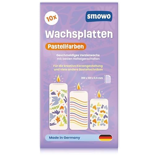 Smowo® 10 Pastell Wachsplatten 20 x 10cm zum gestalten, dekorieren und verzieren von Kerzen - Verzierwachs zum Basteln - Kerzenplatten Wachs Platten von Smowo