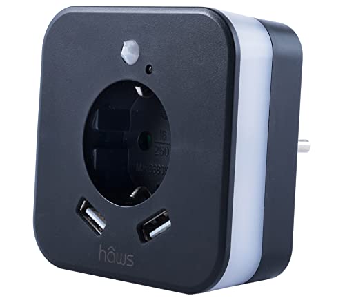 LED-Nachtlicht mit Bewegungsmelder und Steckdose, 2x USB 2.4A, schwarz, automatischer Lichtsensor, GS (geprüfte Sicherheit) (1 Stück [BLACK "Haws" EDITION]) von smrter