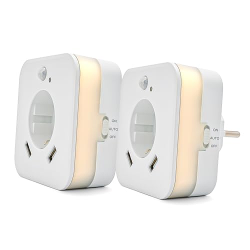 smrter LED-Nachtlicht mit Bewegungsmelder und Steckdose, 2x USB 2.4A, weiß, automatischer Lichtsensor, GS (geprüfte Sicherheit) (2 Stück) von smrter