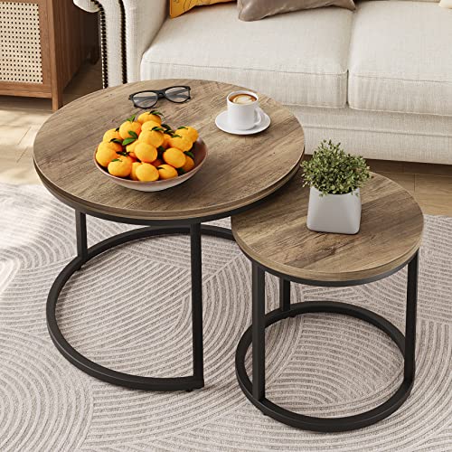 Nesting Couchtisch Nesting Couchtische 2er Set für Wohnzimmer Holz Rund Couchtisch Industrie Beistelltisch Beistelltische Wohnzimmer Modern Beistelltisch Couchtisch Dekor Stabiler Metallrahmen von Smuxee