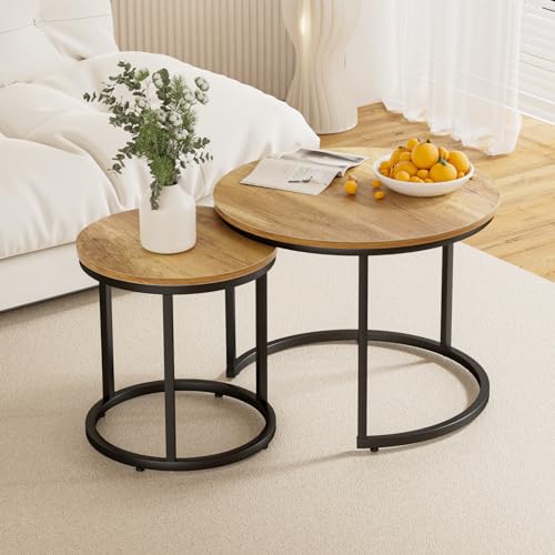 Smuxee Nesting Couchtisch 2er Set, 59.9 cm Runder Couchtisch Braun Holz mit Verstellbaren Anti-Rutsch-Füßen, Industrie Beistelltisch Beistelltische für Wohnzimmer Schlafzimmer Balkon Hof von Smuxee